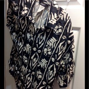 Rayon BATIK print camp shirt in cream on black.